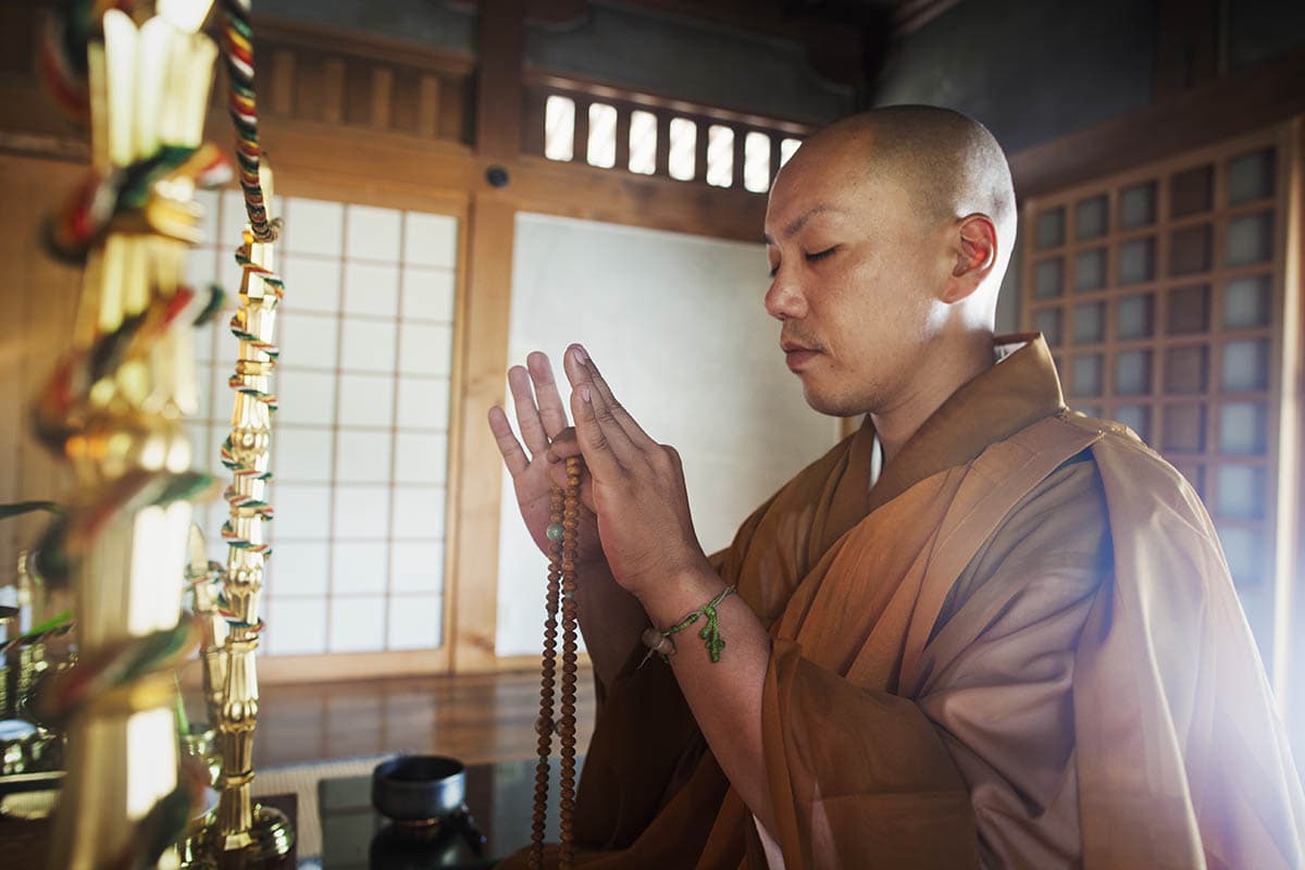 Buddhist monk in a golden robe worshipping